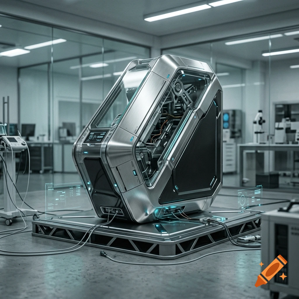 Photorealistic image of a futuristic metallic device with glass panels resting on a platform in a modern laboratory.