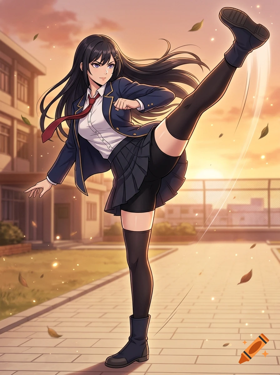 Anime style illustration of a high school girl in uniform performing a high kick outdoors at sunset.