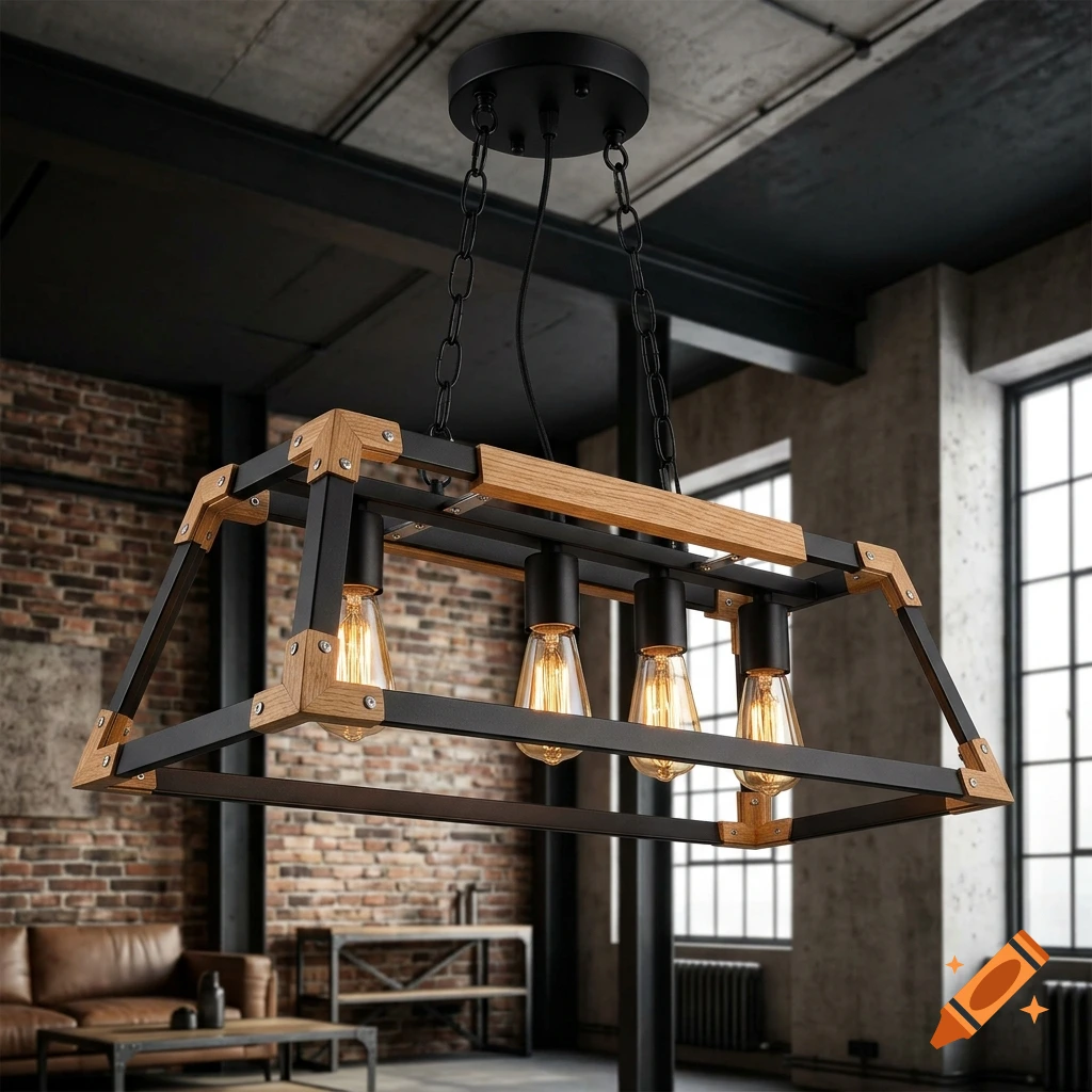Photorealistic industrial ceiling lamp with black metal frame and wooden accents, hanging in a loft interior.