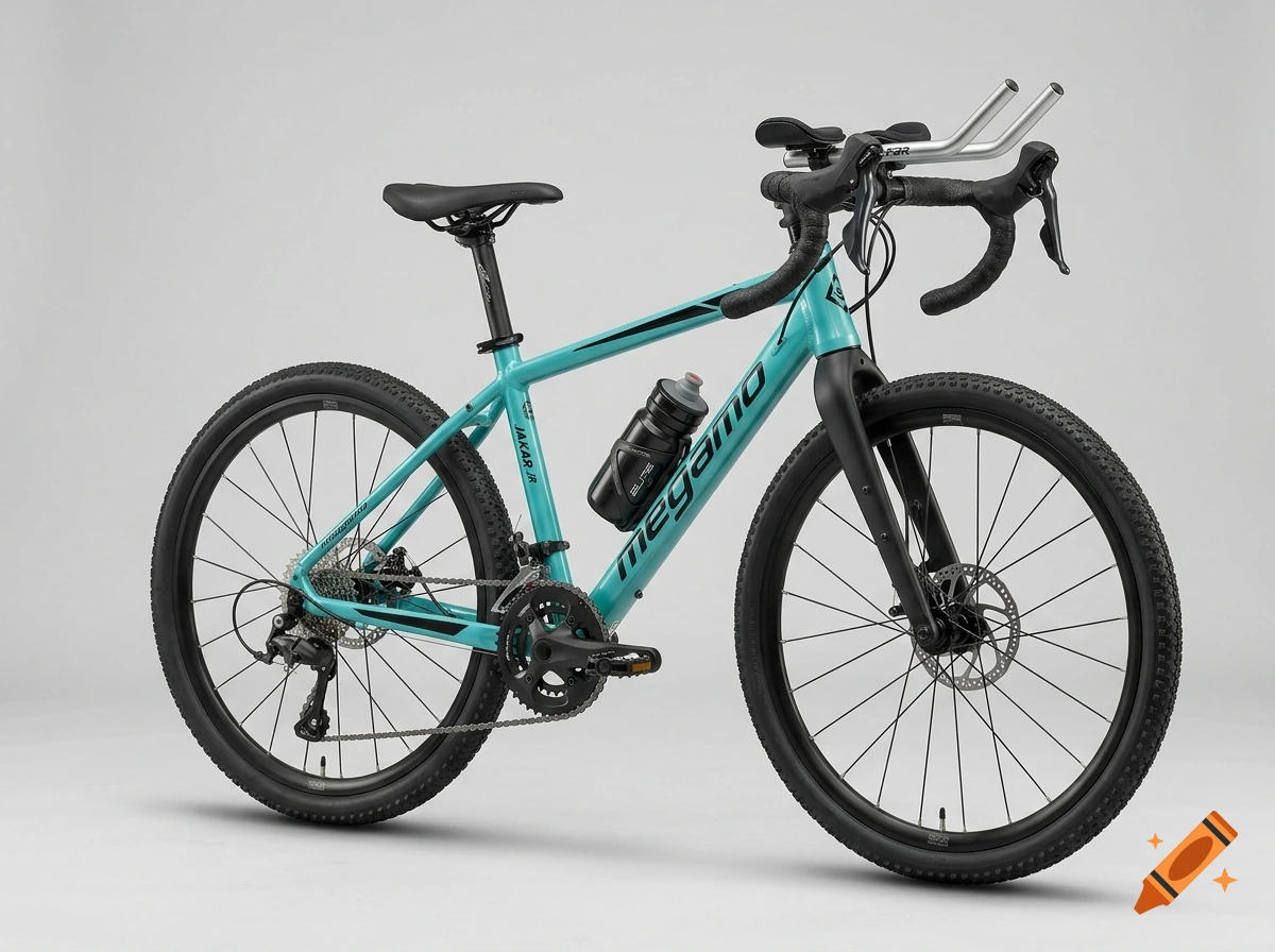 Turquoise megamo gravel bike with black handlebars, water bottle, and knobby tires against a white background.