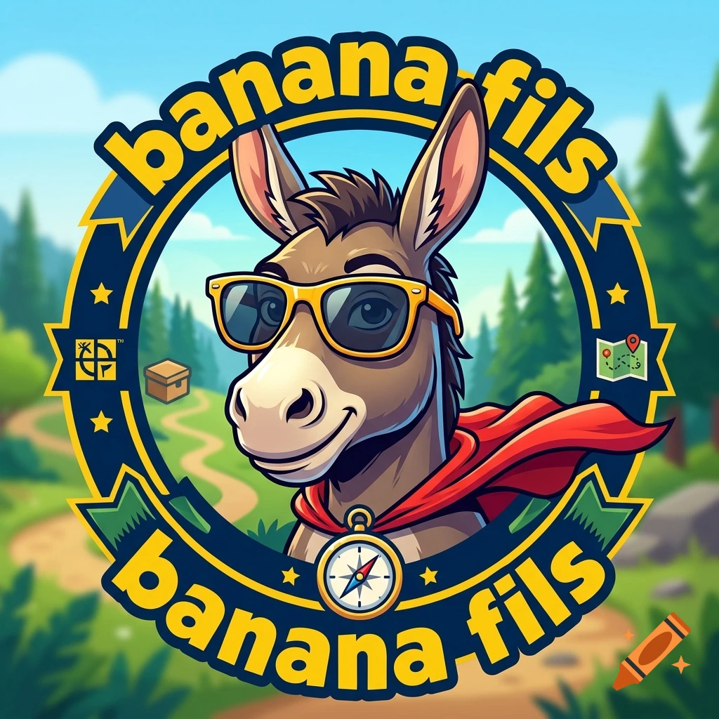 Digital illustration of a donkey wearing sunglasses and a red cape, framed in a geocaching logo with text banana fils.