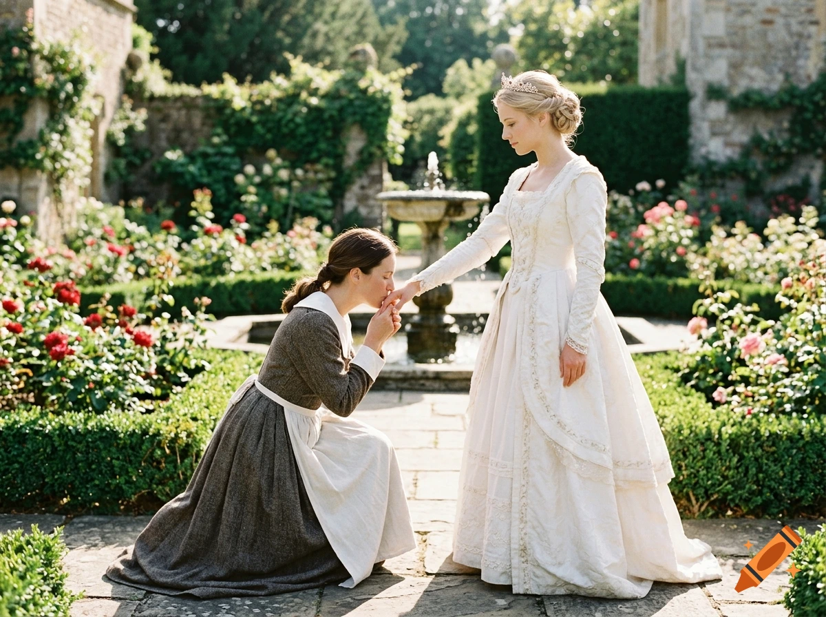 A brunette woman in a pilgrim dress kneels to kiss the hand of a blonde princess in a white gown in a sunny garden.