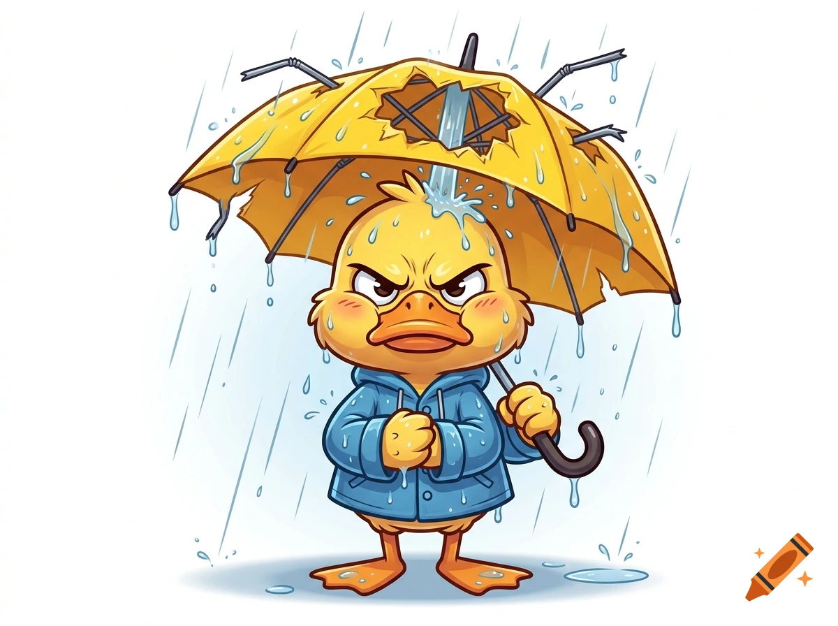 Cartoon illustration of an angry anthropomorphic duck in a blue raincoat holding a broken yellow umbrella in the rain.