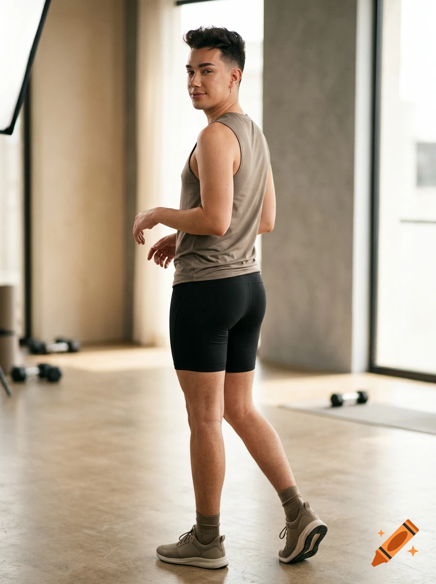 Photorealistic full-body shot of a young man wearing a grey tank top and black shorts in a gym setting, looking back over his shoulder.