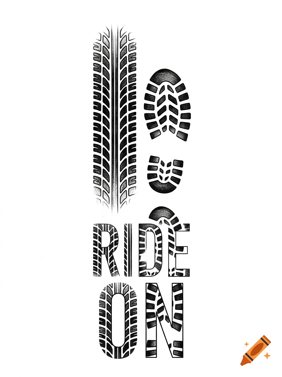 An ink sketch featuring a bicycle tire track, a boot print, and the text RIDE ON filled with tread patterns.
