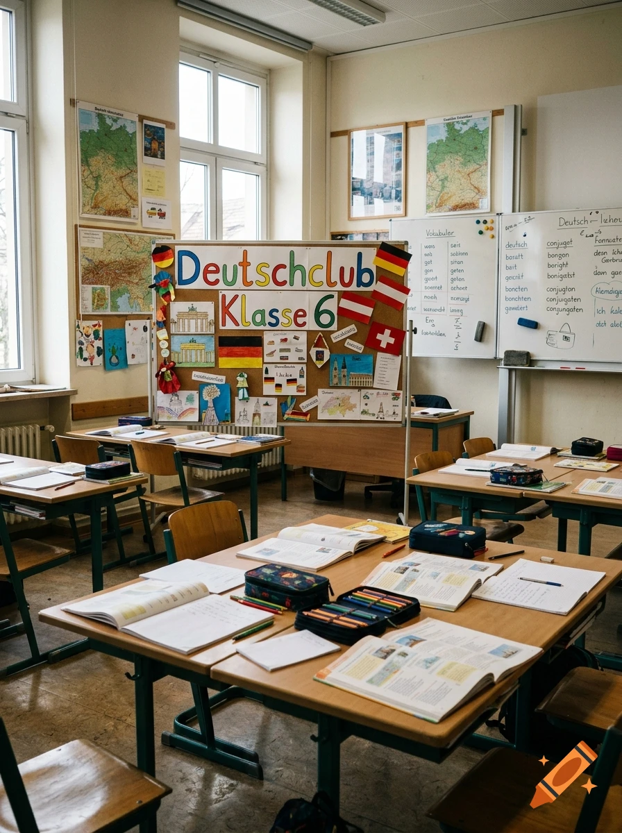 Empty classroom with wooden desks, chairs, and a notice board with German text and flags.