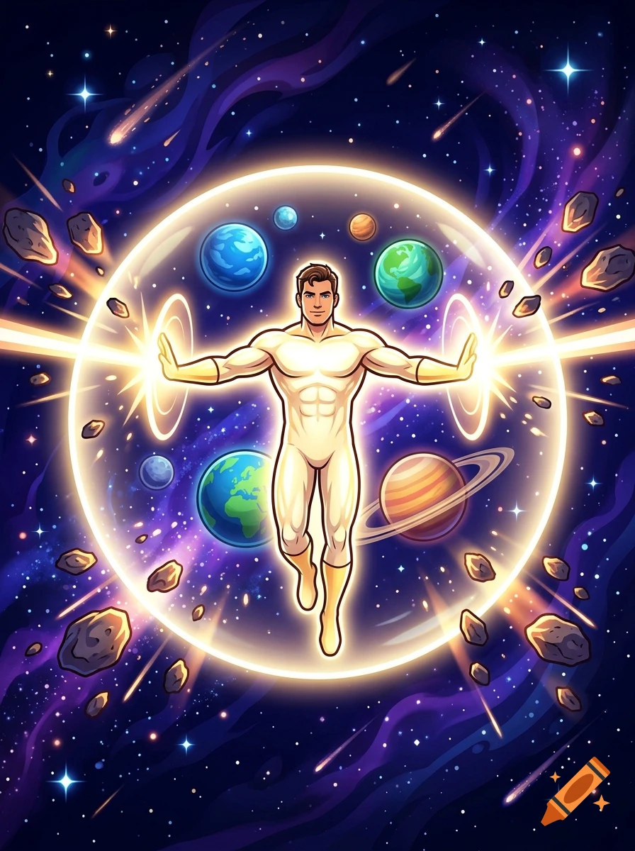 Digital illustration of a glowing superhero floating in space inside a protective energy sphere, shielding planets and asteroids.