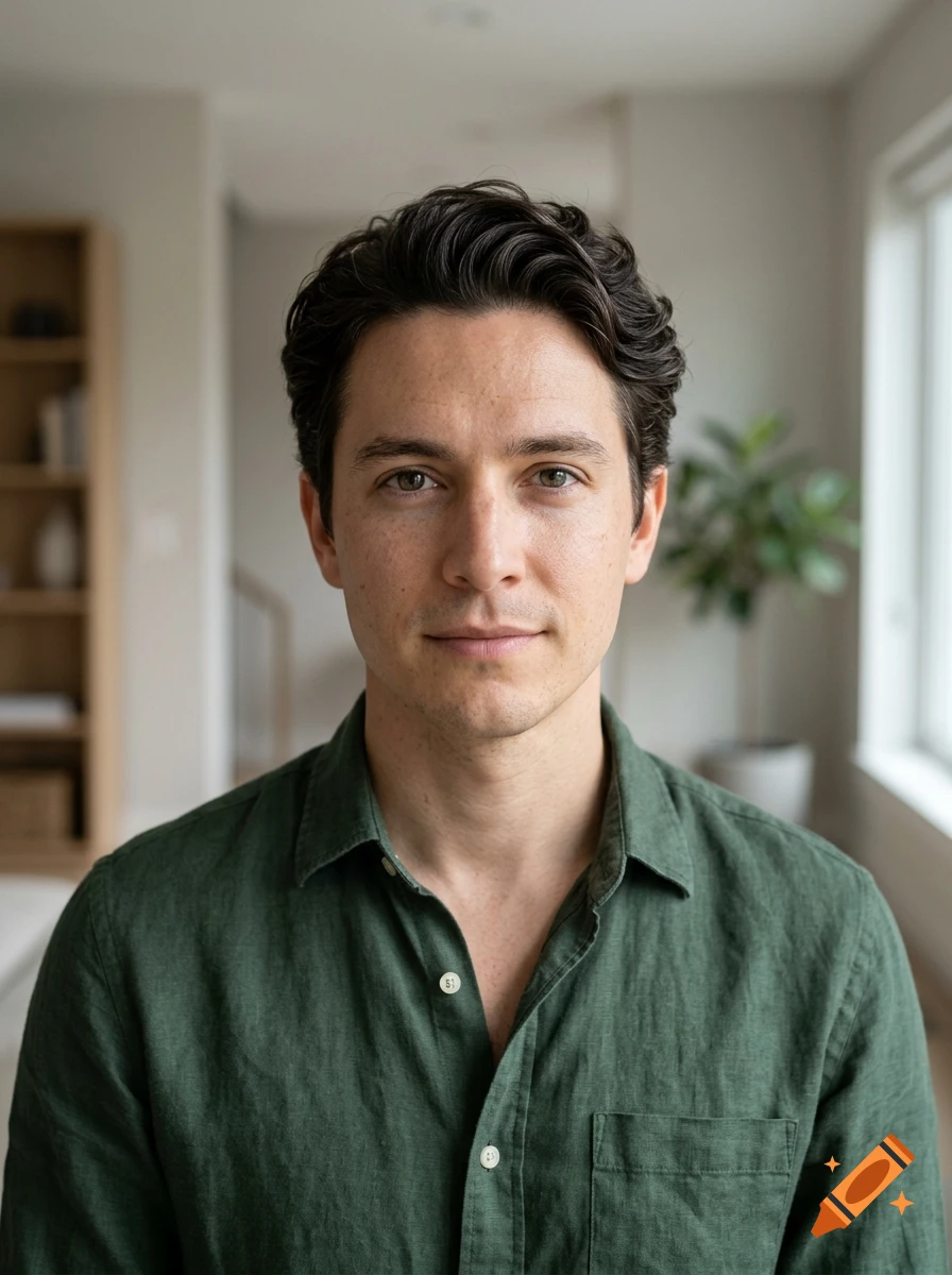 Photorealistic portrait of an attractive young man with dark wavy hair and a green button-down shirt indoors.