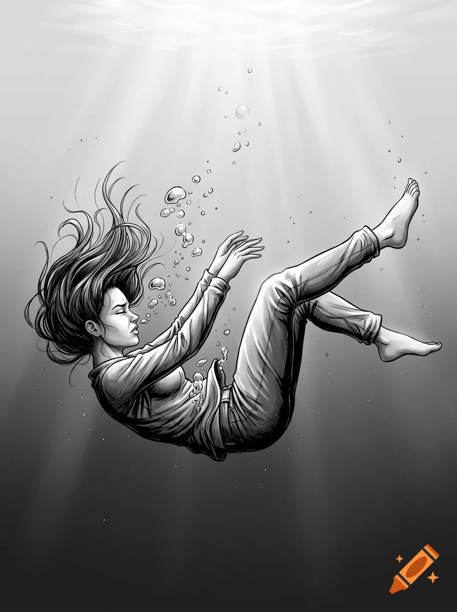 Black and white anime style illustration of a young woman submerged underwater with long hair floating freely.