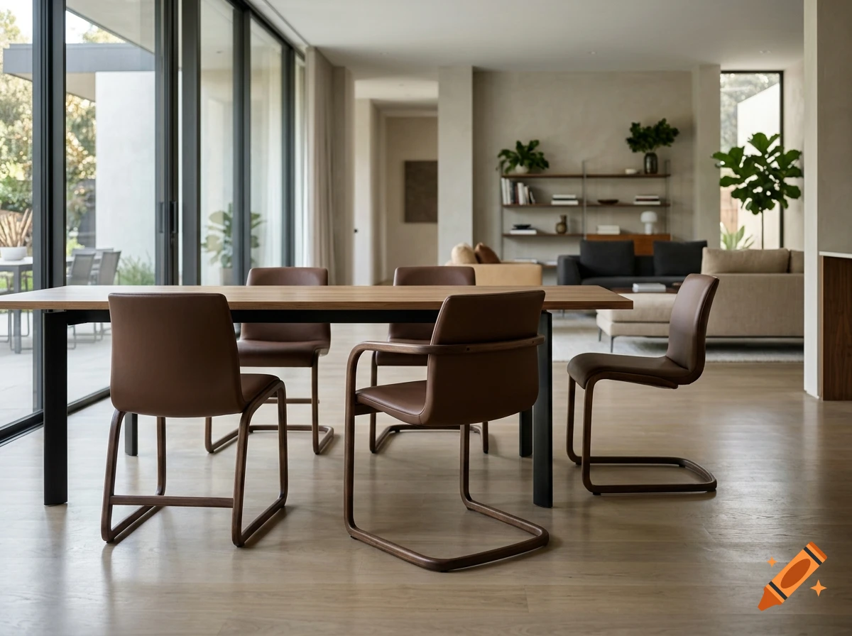 Modern dining room with a long wooden table and brown cantilever chairs, featuring large floor-to-ceiling windows and an open living space in the background.