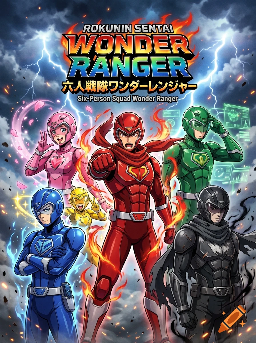 Anime poster of six colorful sentai superheroes in dynamic poses with glowing energy effects and Japanese title text.