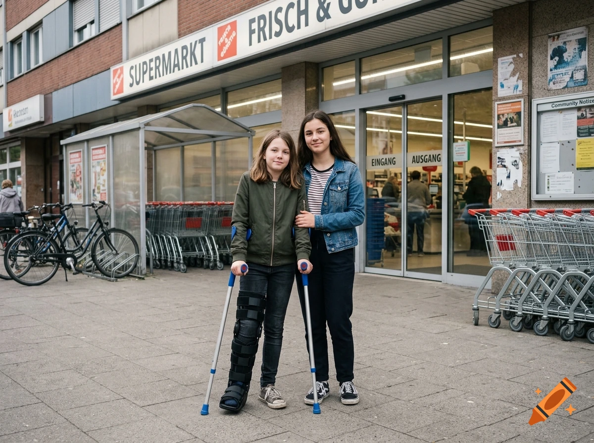 Photorealistic image of two young girls standing outside a German supermarket, one using forearm crutches with a knee brace.