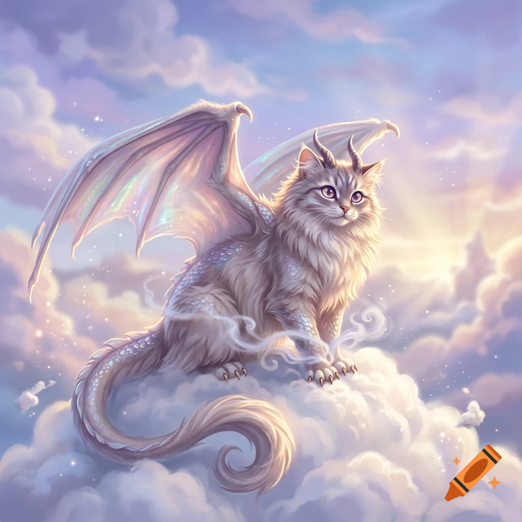 Digital painting of a fluffy white cat with dragon wings, horns, and a tail, sitting on a cloud in a pastel sky.