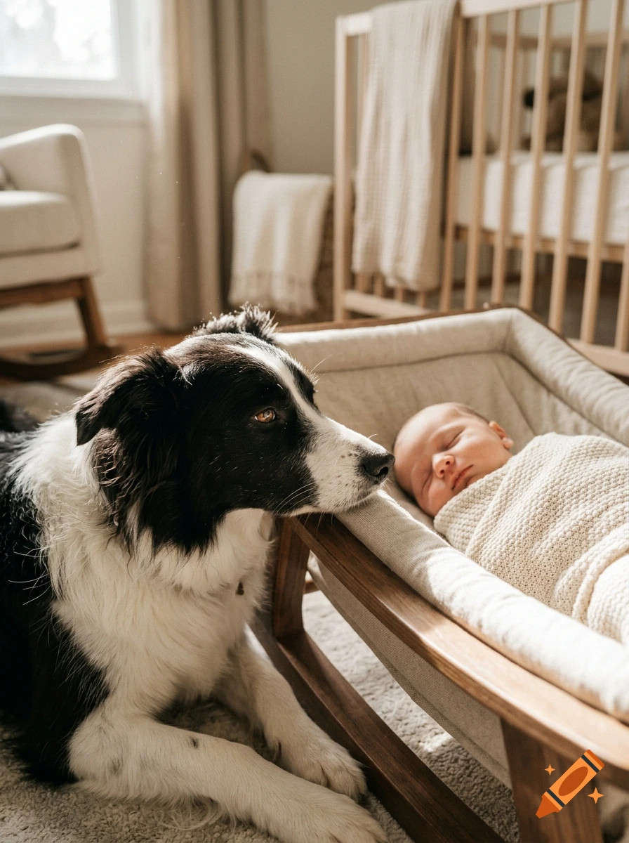 Photorealistic image of a border collie dog looking at a newborn baby wrapped in a blanket resting in a wooden bassinet.