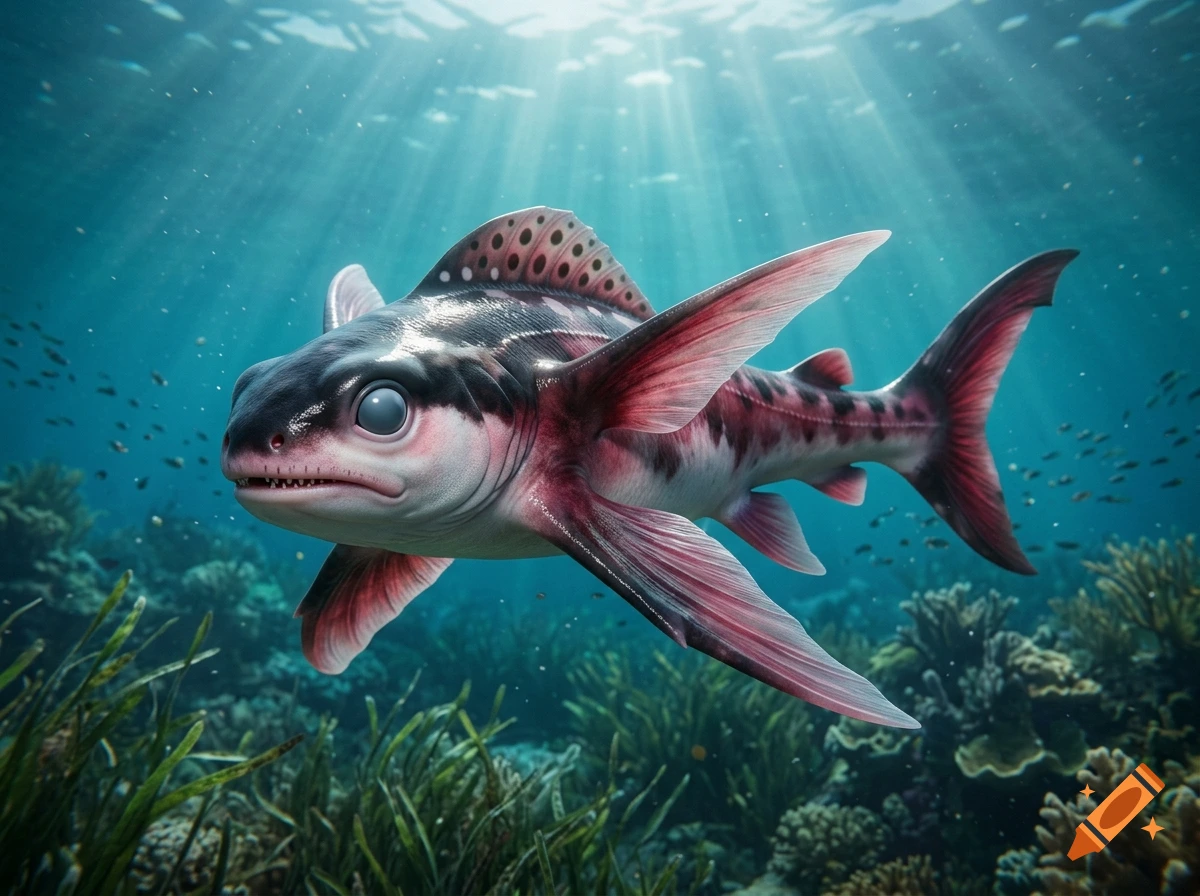 An ornate fantasy fish swims in clear blue ocean water above a coral reef, featuring large pinkish-red fins and pale white eyes.