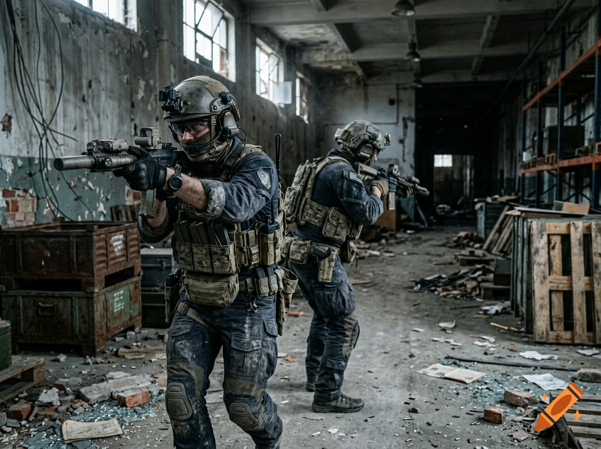 Two tactical operators in full gear advancing through a ruined industrial warehouse, photorealistic.