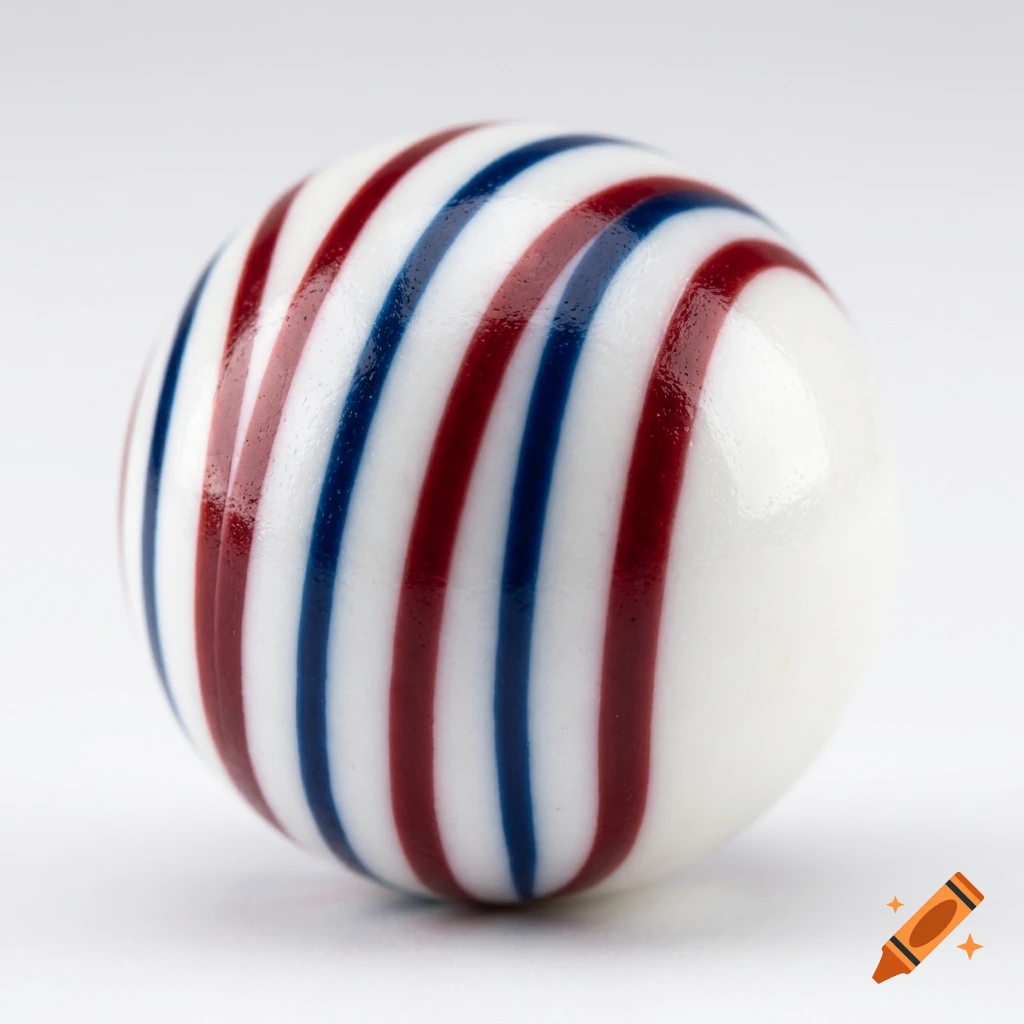 A white glass marble features red and blue swirled stripes running across its spherical surface.