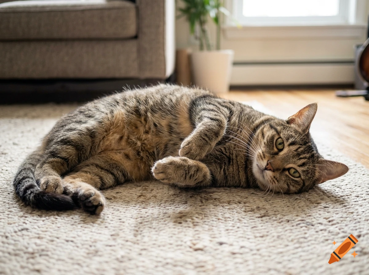 Photorealistic image of a tabby cat laying on its side on a light-colored rug indoors.