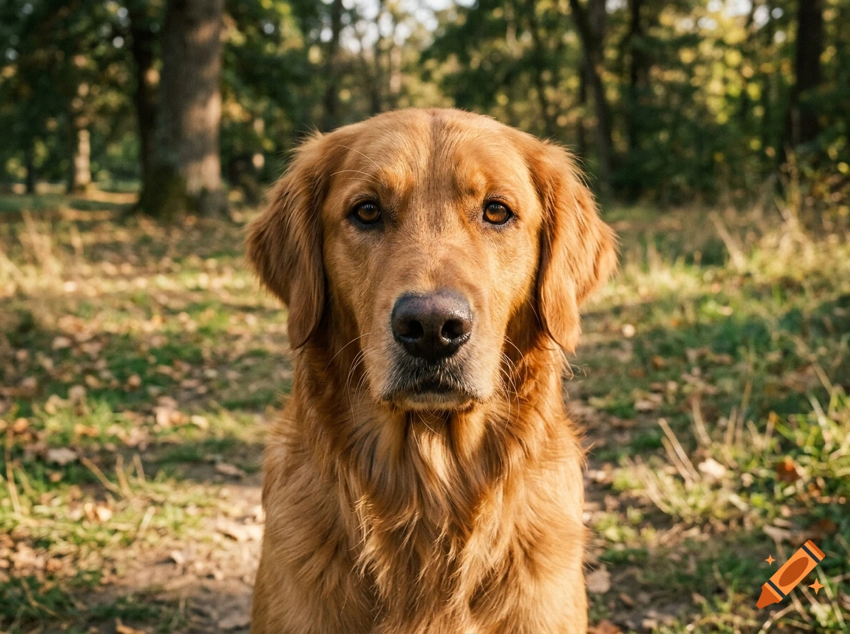 Close-up portrait of a golden retriever dog outdoors with a forest background.