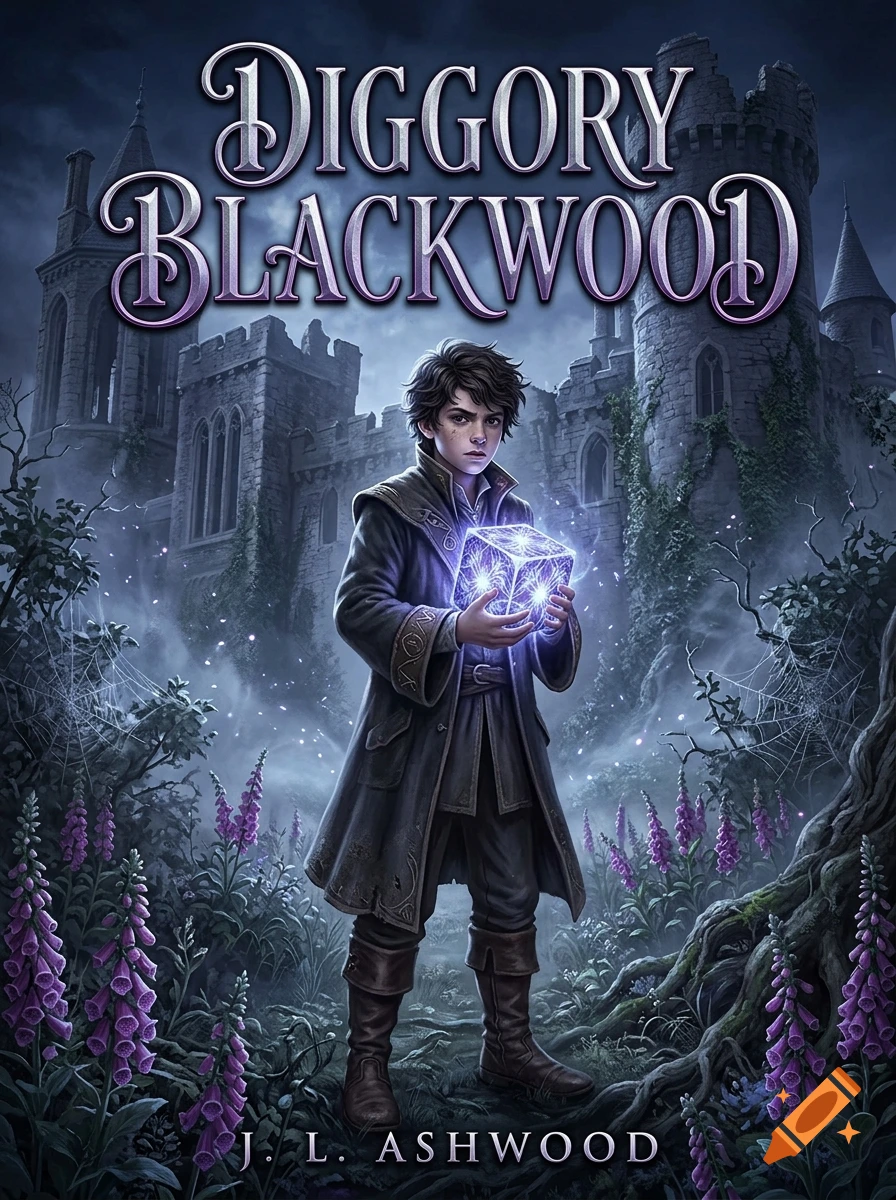 A fantasy book cover depicting a young boy holding a glowing cube in front of a dark castle surrounded by purple flowers.