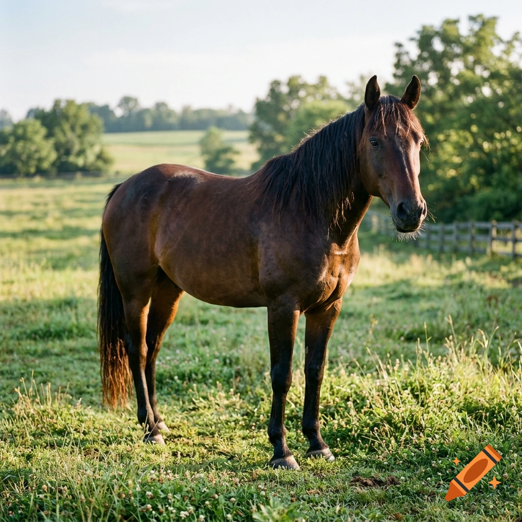 Photorealistic image of a brown horse standing in a green pasture with trees and a wooden fence in the background.