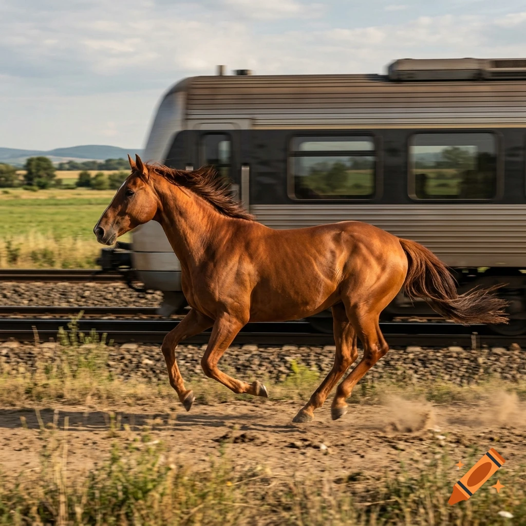 Photorealistic image of a brown horse running fast on a dirt path beside a modern train in a countryside landscape.