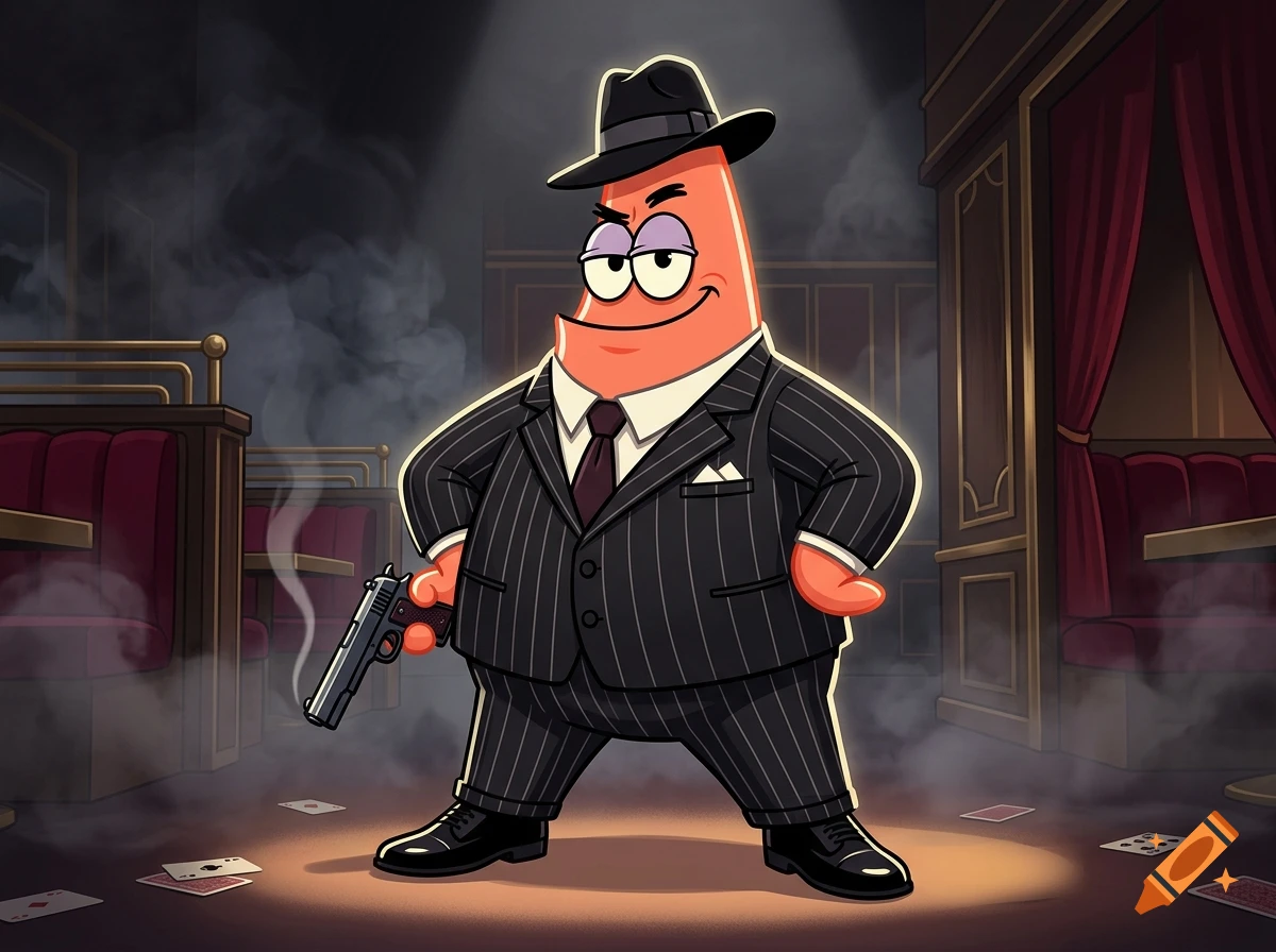Patrick Star character dressed in a pinstripe mobster suit and fedora, holding a gun inside a smoky restaurant, digital art style.