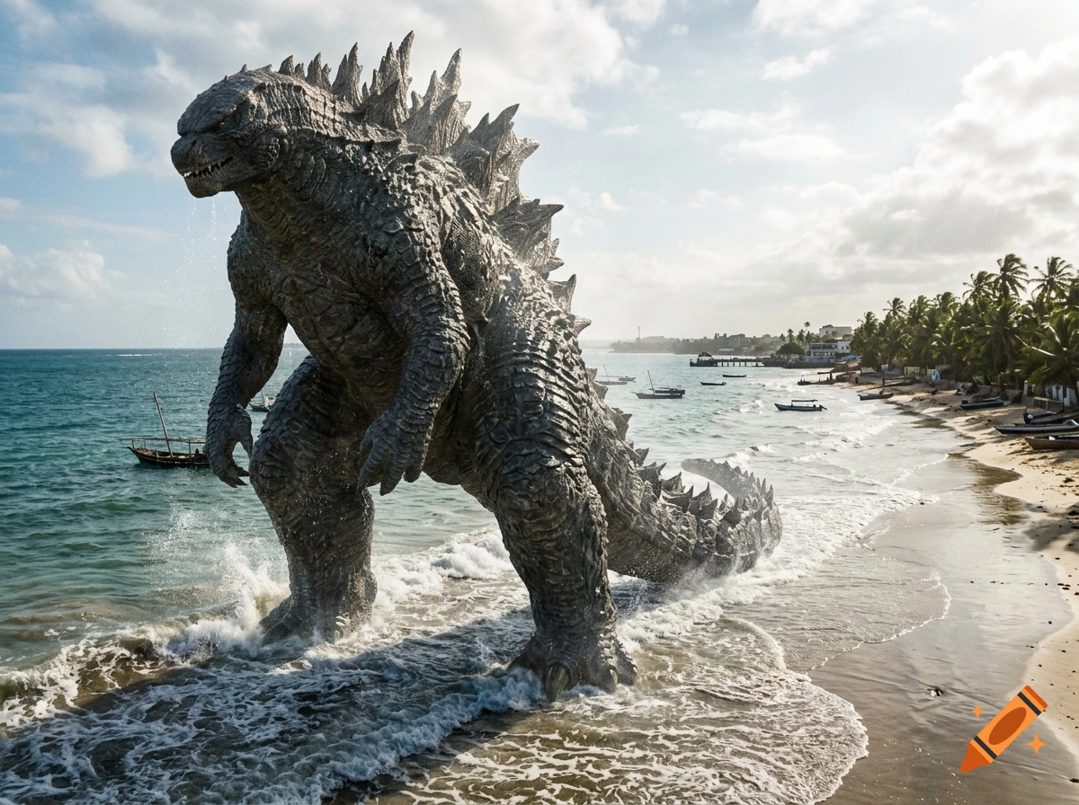Godzilla wading in shallow ocean water near a sandy beach with small boats and palm trees.
