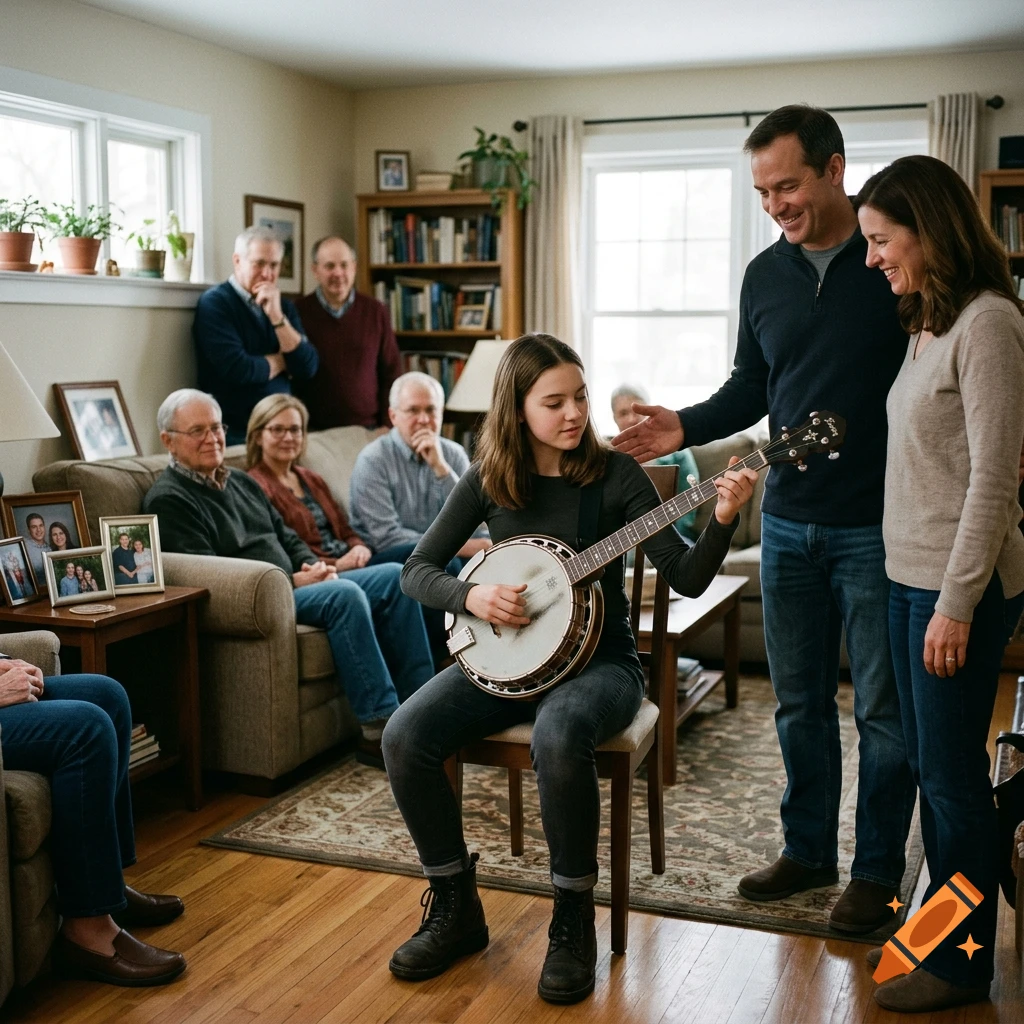 Photorealistic scene of a family watching their teenage daughter play the banjo in a living room.