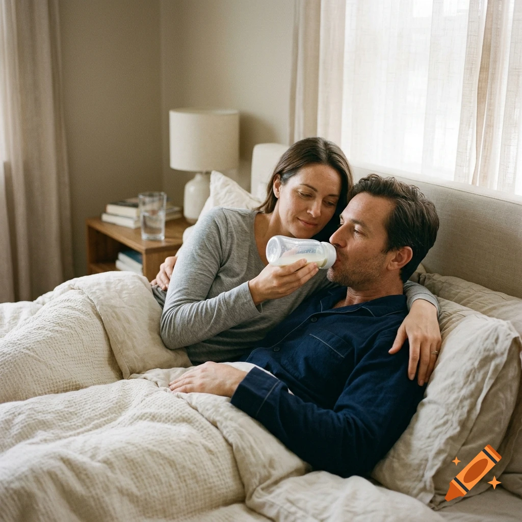 Photorealistic image of a couple in bed, where a woman is feeding a man a bottle of milk.