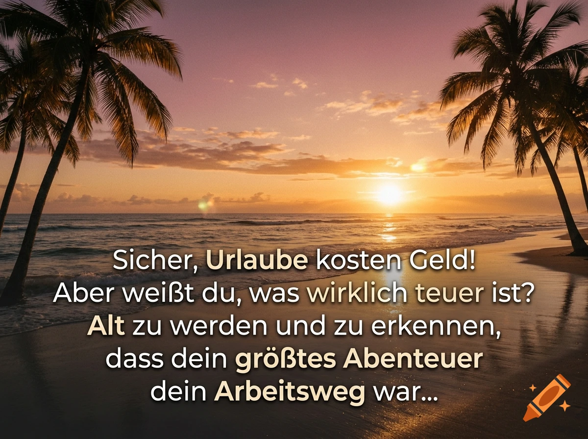 A tropical beach sunset with palm tree silhouettes and overlay text in German.