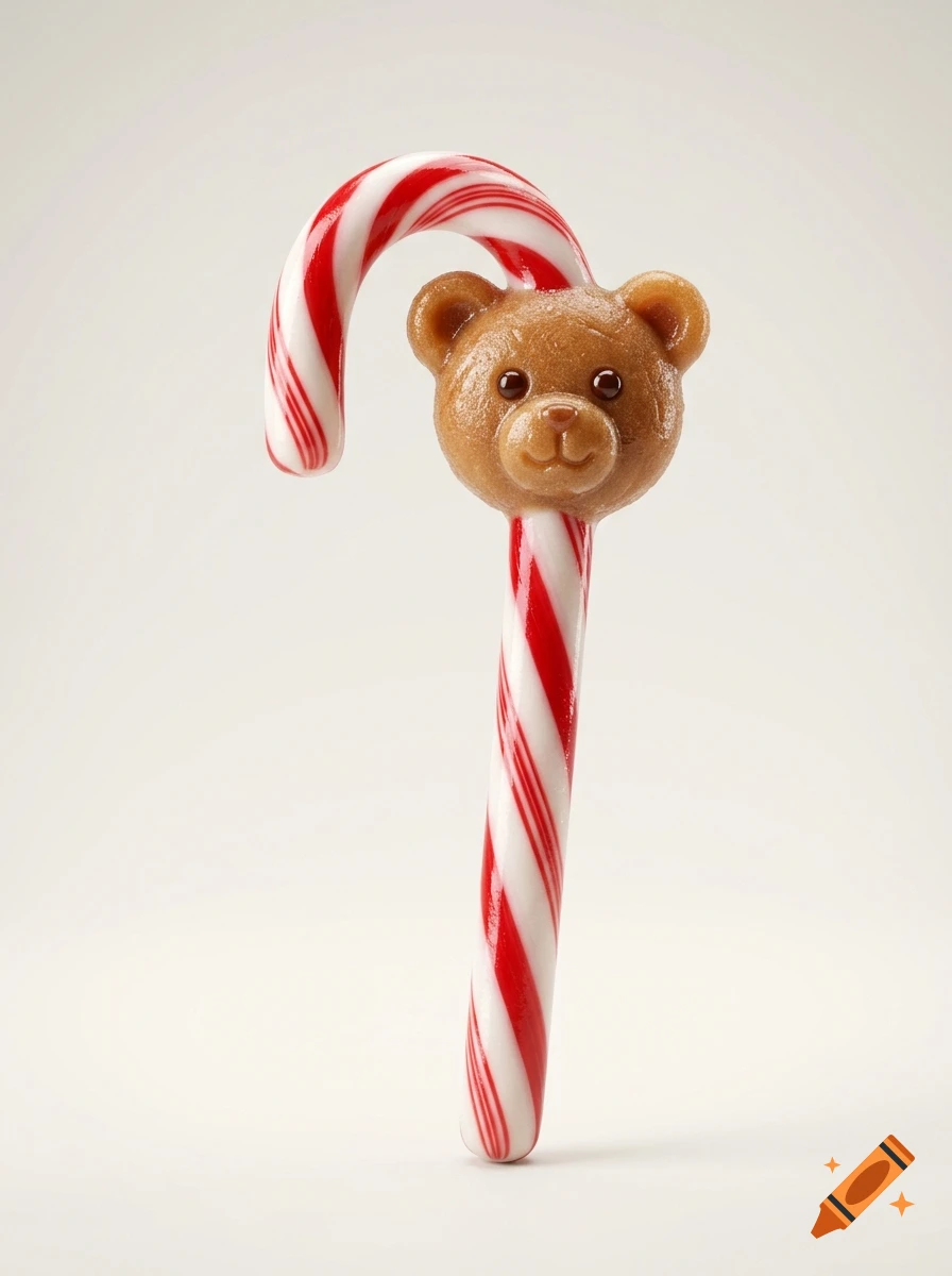 Photorealistic candy cane with a brown teddy bear head attached, isolated on a light background.