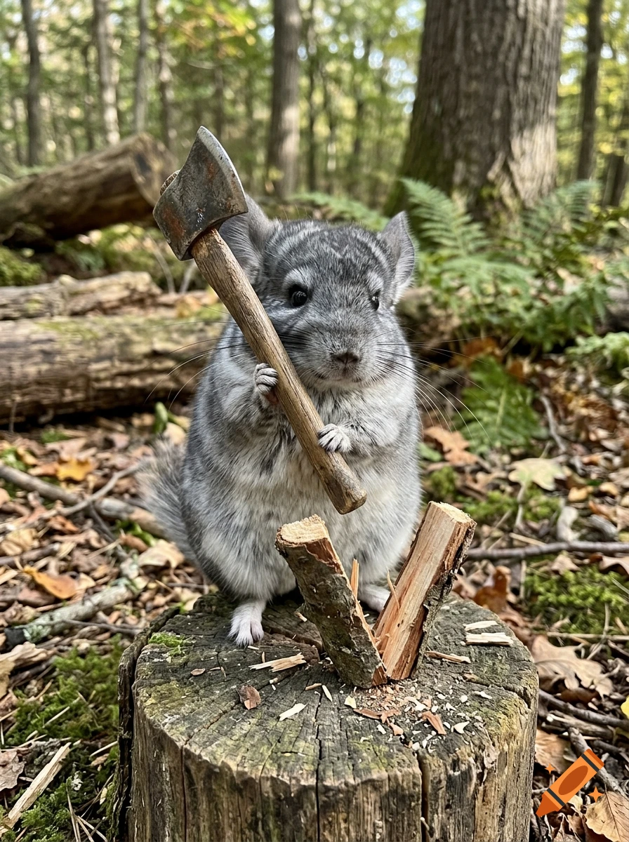 A fluffy grey chinchilla standing on a tree stump in a forest, holding a small hatchet as if splitting wood.