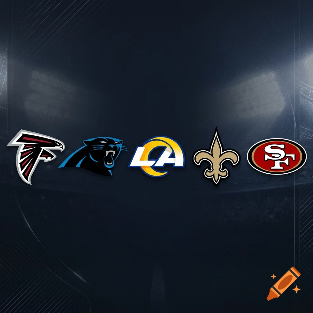 Logos of five NFL teams, including Atlanta Falcons, Carolina Panthers, Los Angeles Rams, New Orleans Saints, and San Francisco 49ers against a dark stadium background.