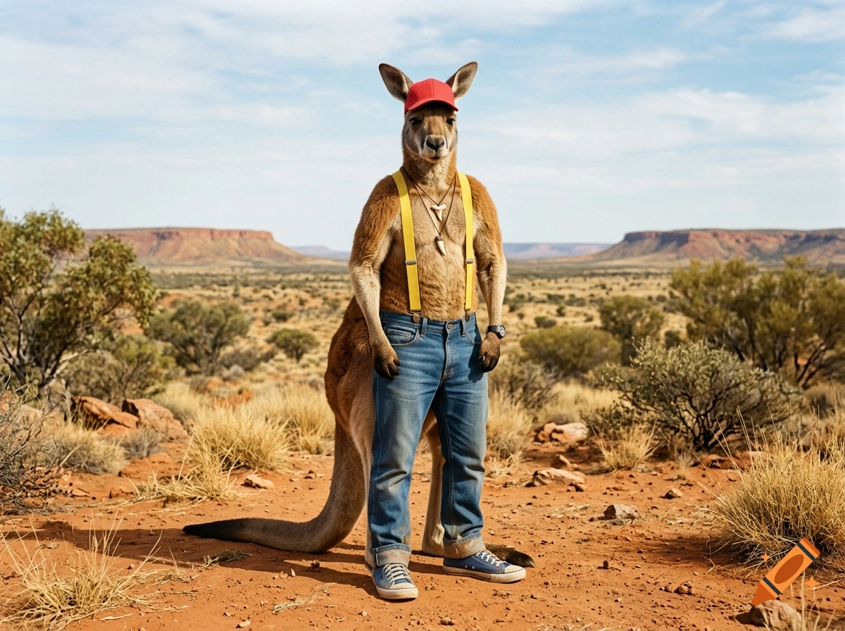 Photorealistic image of a kangaroo standing in the Australian outback wearing jeans, a red cap, suspenders, and sneakers.