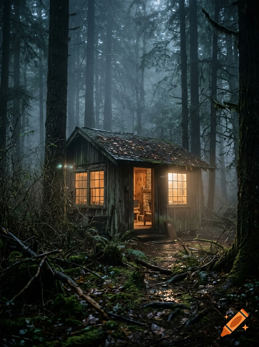 A cozy, glowing wooden cabin nestled in a dark, foggy forest at night with tall trees and mossy ground, photorealistic.