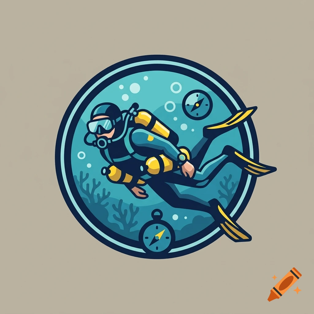Round vector-style icon depicting a scuba diver with sidemount rebreather underwater surrounded by bubbles and corals.