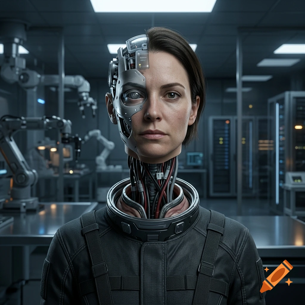 Photorealistic portrait of a female cyborg with exposed robotic internal wiring on the left side of her head and neck in a lab.