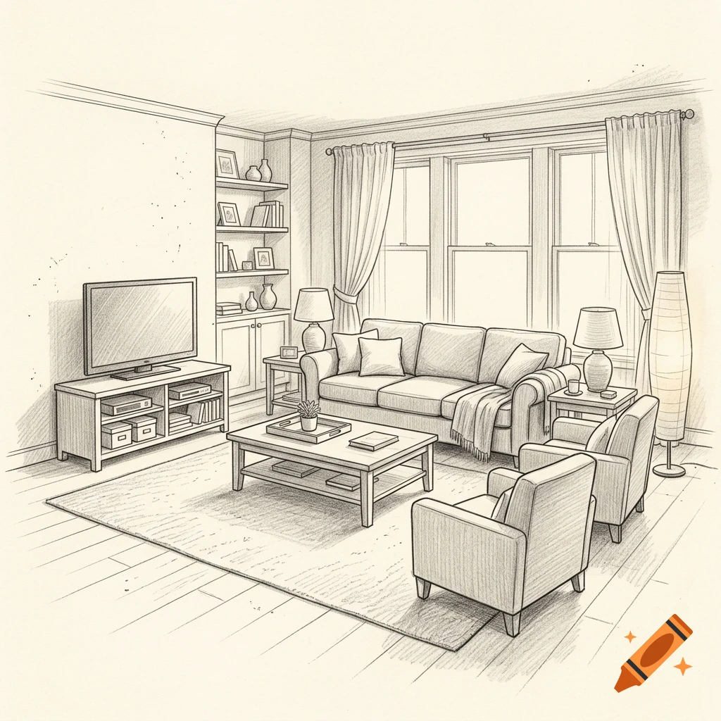Pencil sketch of a cozy living room with a sofa, armchairs, coffee table, and television.