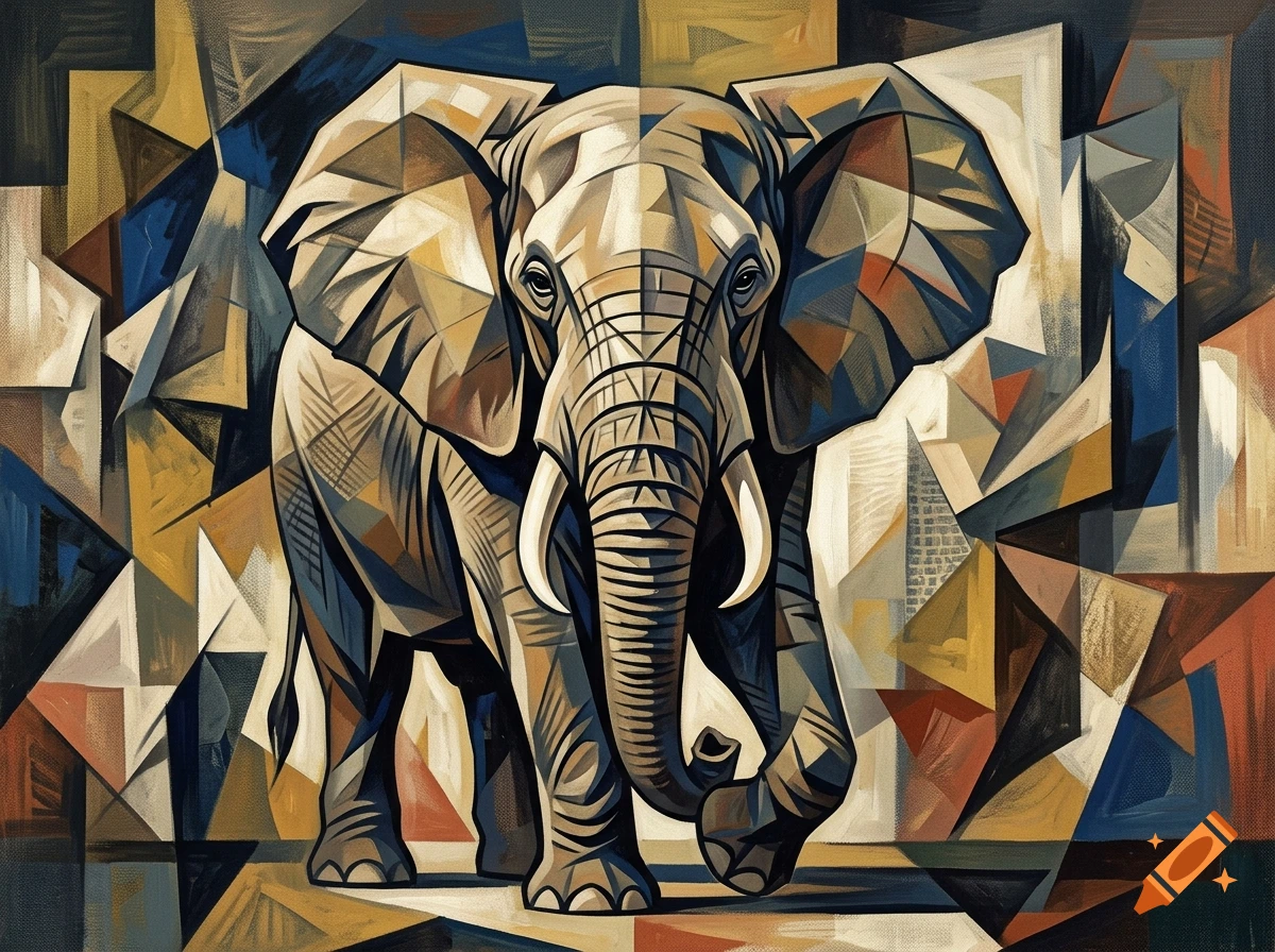 An artistic, geometric cubist-style painting of an elephant facing forward against an abstract background of angular shapes and earthy tones.