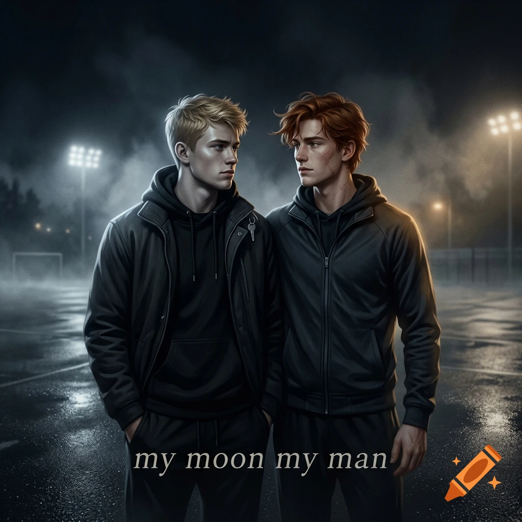 Two young men in dark hoodies standing outdoors at night under stadium lights, with text 'my moon my man' at the bottom.
