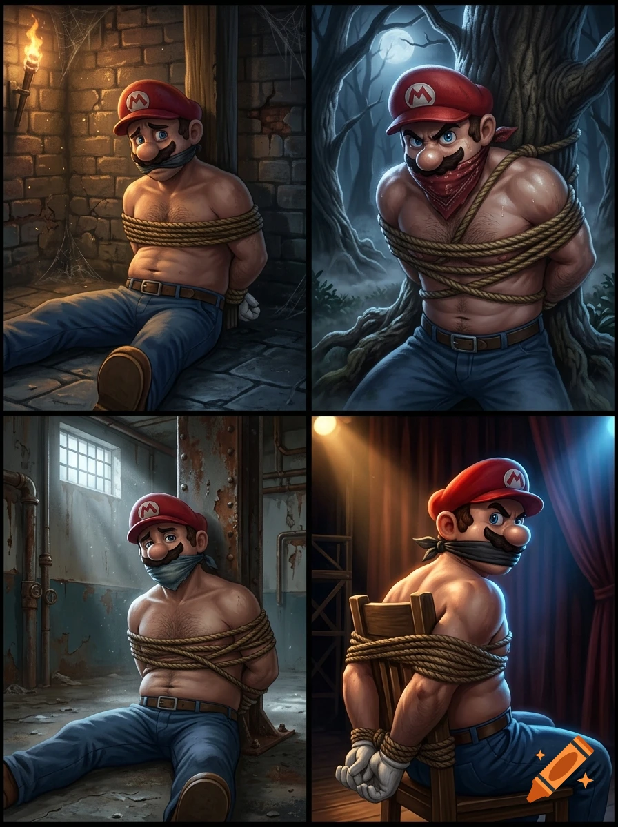 Four-panel digital art showing Mario, shirtless and tied up with rope and gagged in various locations.