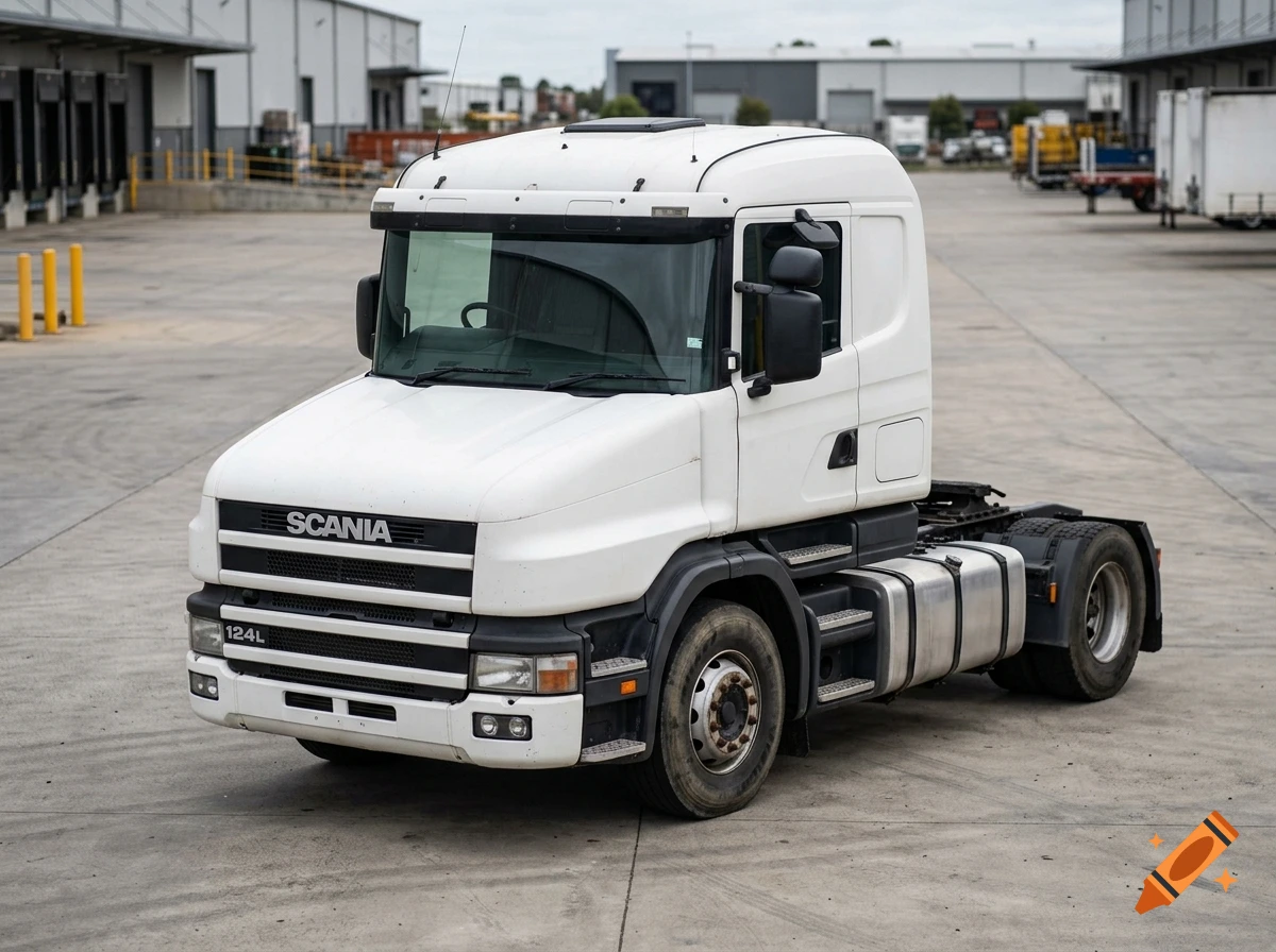 A white Scania truck parked in an industrial yard or loading bay.