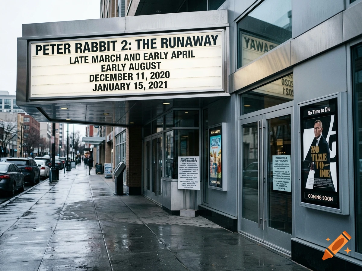 Photorealistic view of a wet city sidewalk in front of a modern theater building with marquee text and movie posters.