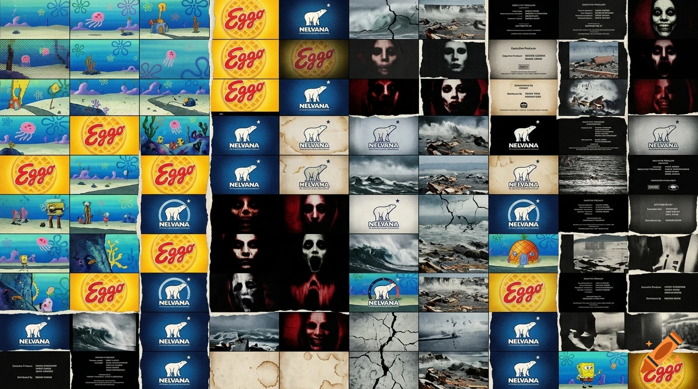 A collage showing various scenes including animated cartoon characters, company logos like Eggo and Nelvana, dark horror faces, rough seas, and credits.