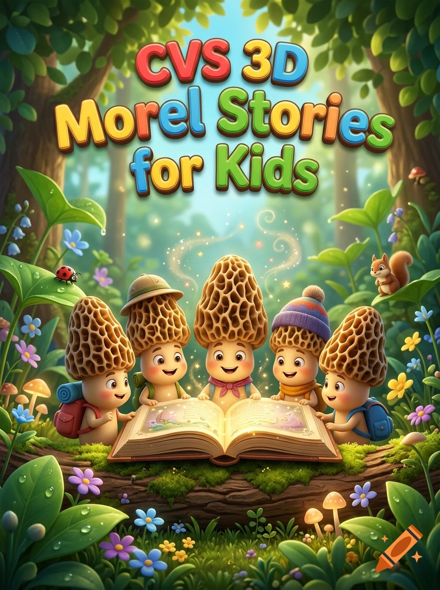 3D cartoon illustration of cute morel mushroom characters reading a book in a magical forest.