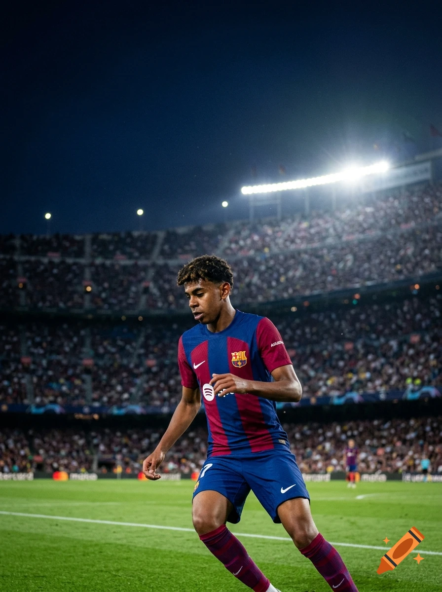 Photorealistic image of soccer player Lamine Yamal wearing a Barcelona jersey on a glowing stadium pitch at night.