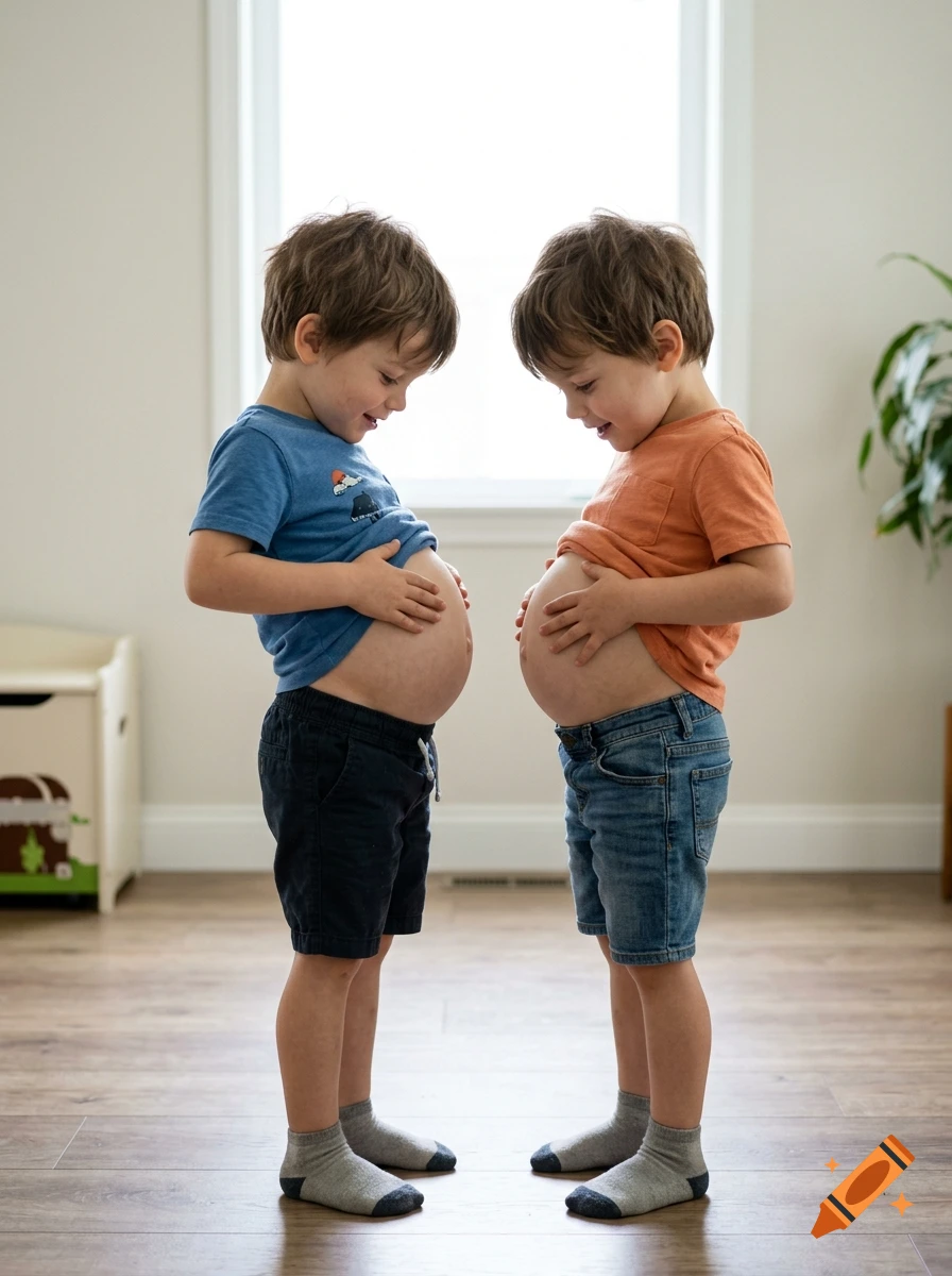 Photorealistic image of two young twin boys standing face to face, playfully comparing their round bellies.