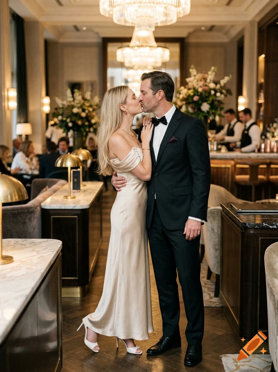 A well-dressed couple kissing inside an upscale bar or restaurant with chandeliers and elegant furnishings.