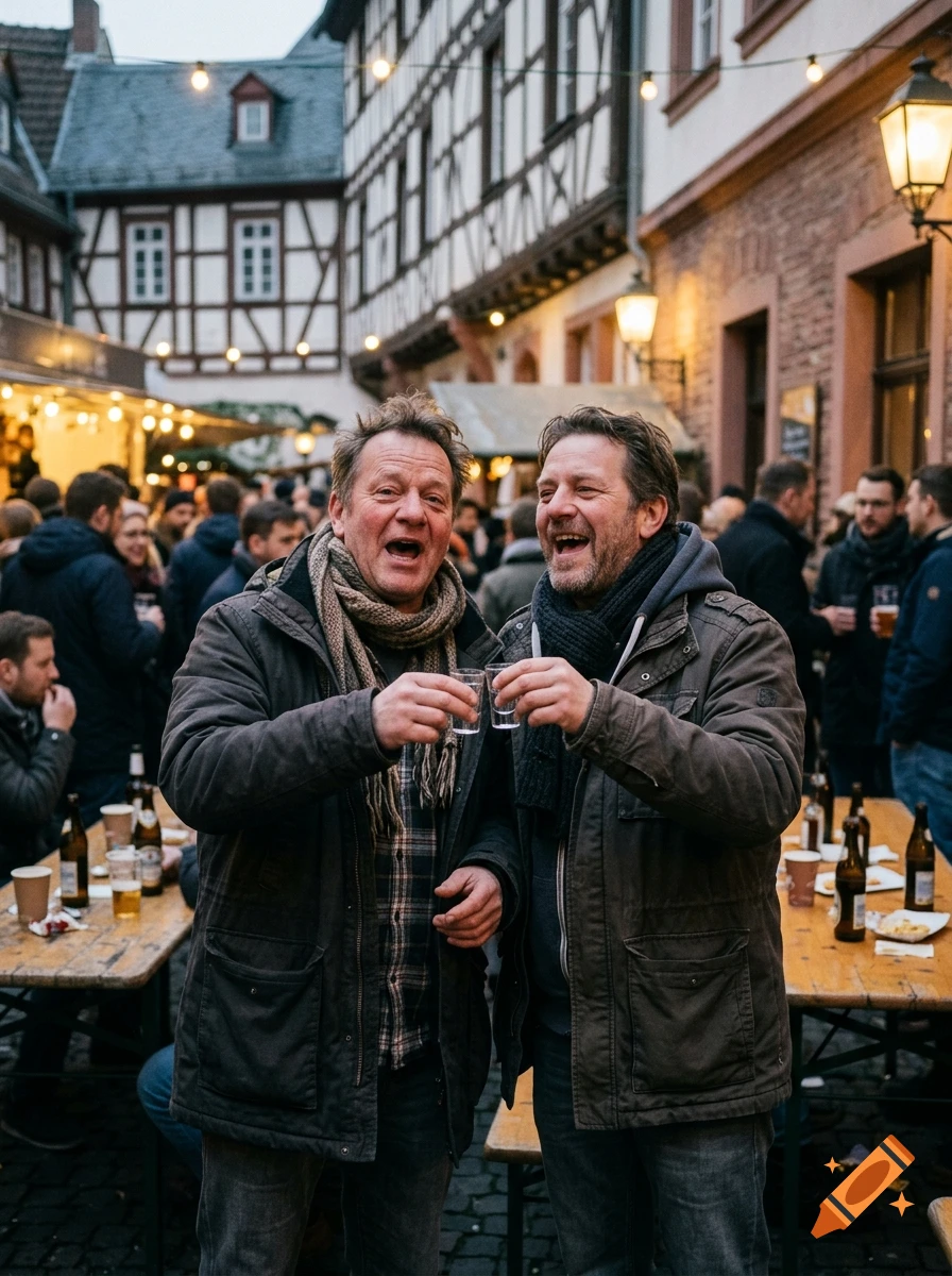 Photorealistic image of two cheerful middle-aged men in winter jackets toasting with small shot glasses at an outdoor street festival.
